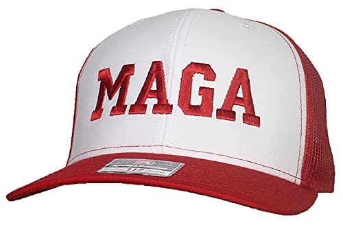 Tropic Hats Adult Embroidered Trump MAGA 6 Panel Trucker Cap W/Snapback – White/Red
