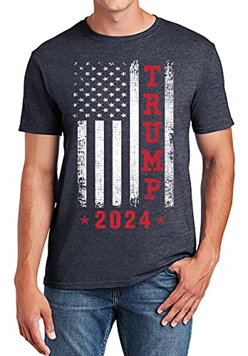 Trump 2024 American Flag Vintage T-Shirt, Trump Shirts for Men, Adult Short Sleeve T Shirt Navy Heather XX-Large