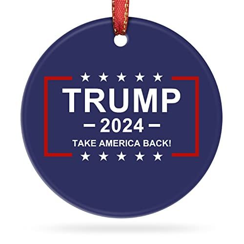 Christmas Ornament, Unfade Ceramic Tree Ornament, President Trump, 2024 Keep America Great Again, Xmas Gift with Red Ribbon & Gift Box