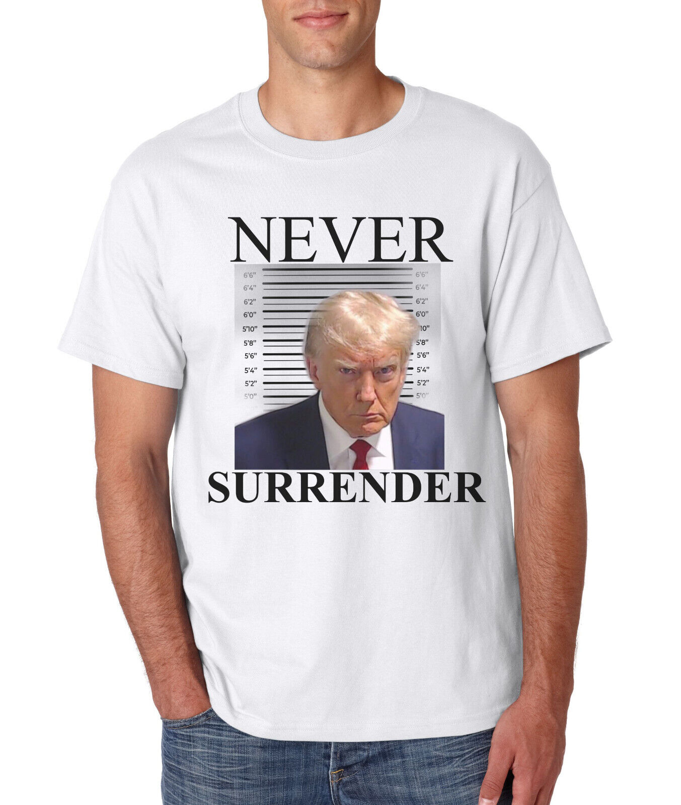 Donald Trump Mugshot T-Shirt Never Surrender MAGA on Gildan 100% Cotton Tee