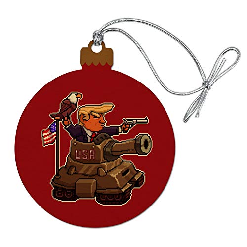 Patriotic Pixel Trump in Tank with American Eagle Flag Wood Christmas Tree Holiday Ornament