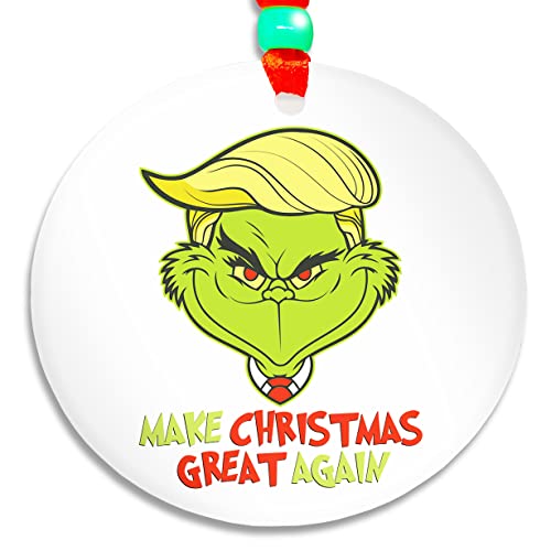 Grinch Christmas Tree Decorations 2021, Large 3.2″ Round Eco Plastic PVC, Funny, Hanging Ornaments, Trump Ornament, Make Christmas Great Again, Whoville Décor, Indoor Outdoor Ornament, Navidad