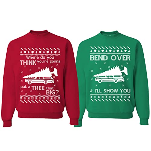 Wild Bobby Tree That Big Bend Over | Couples Matching Ugly Christmas Sweater, Tree Red M Bend Over Green L
